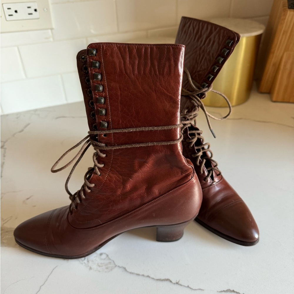 Rare Vintage Ralph Lauren Brown Leather Victorian Doughboy Heeled Lace Up Boots
